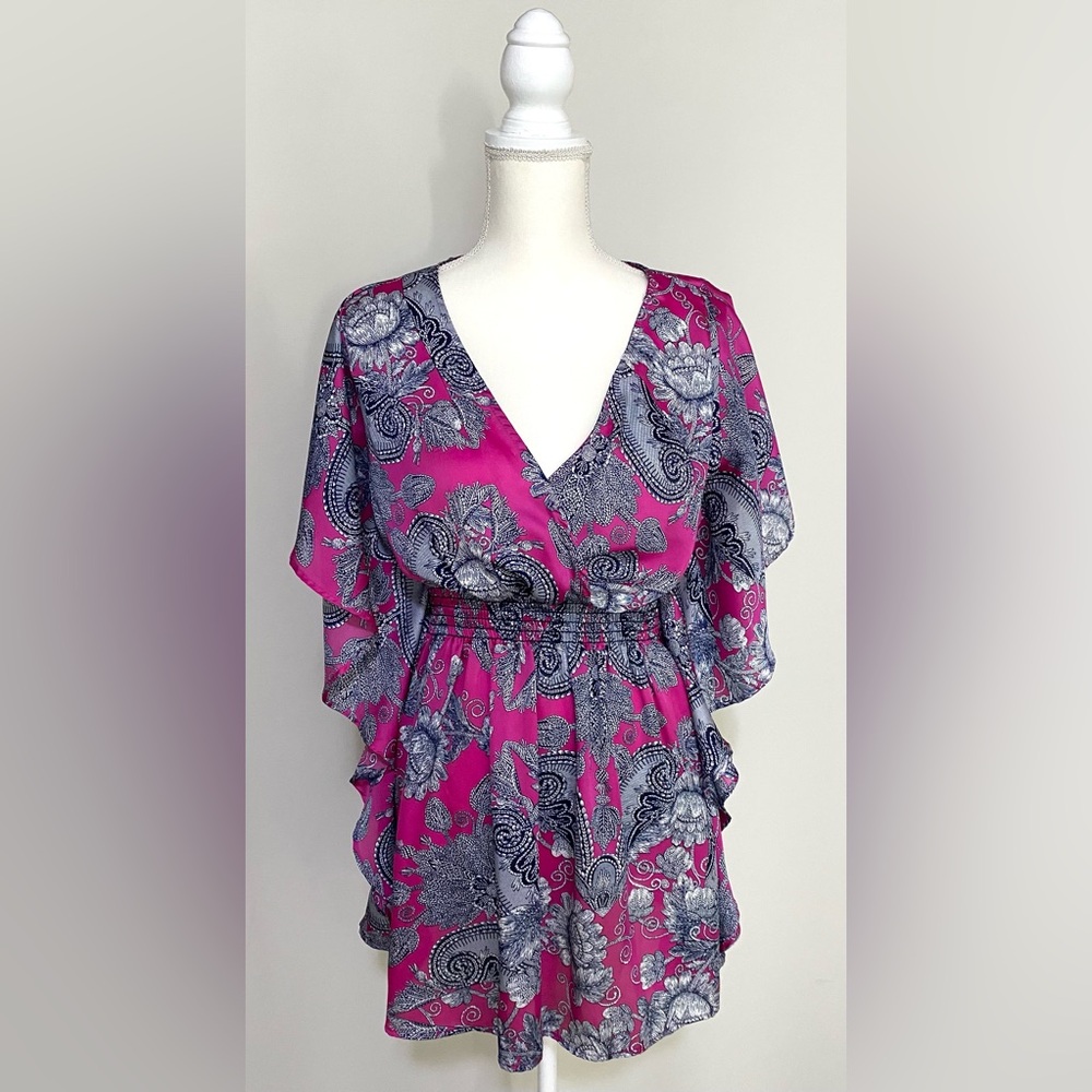 Freshine Womens M Purple Floral Paisley Satin Tunic Top Boho Eclectic Maximalist